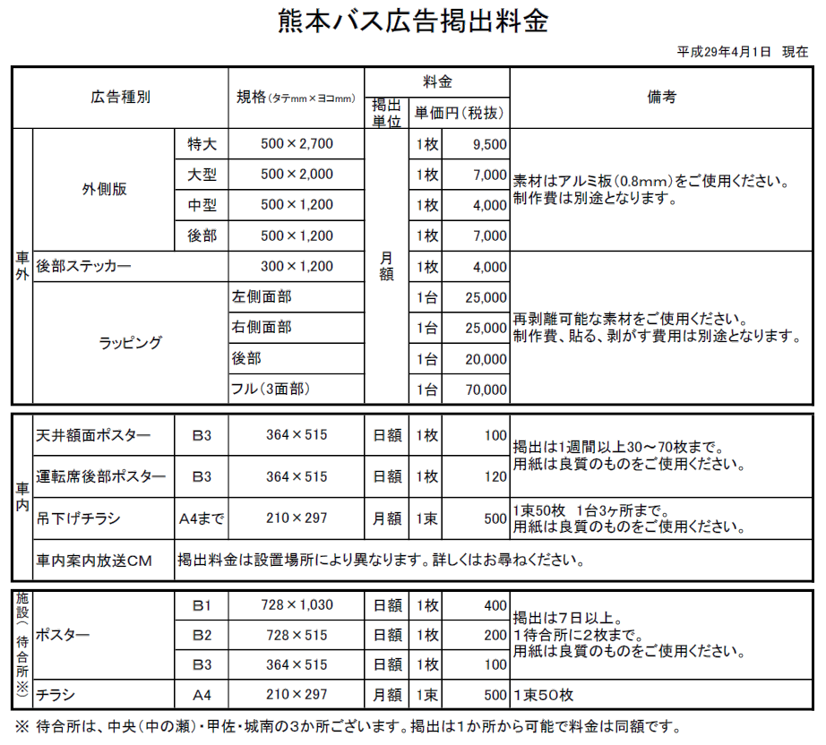 熊本バス広告掲出料金